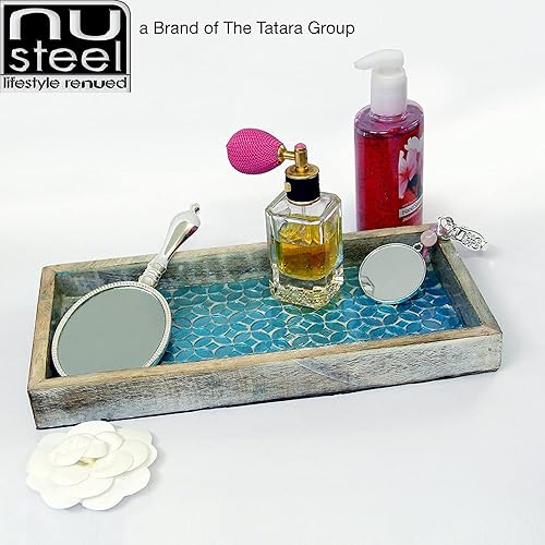 Miniatura 4 de nu steel Mosaico de espejo marino de lujo Aqua y bandeja de madera para baños, encimeras, joyas, perfumes, almacenamiento