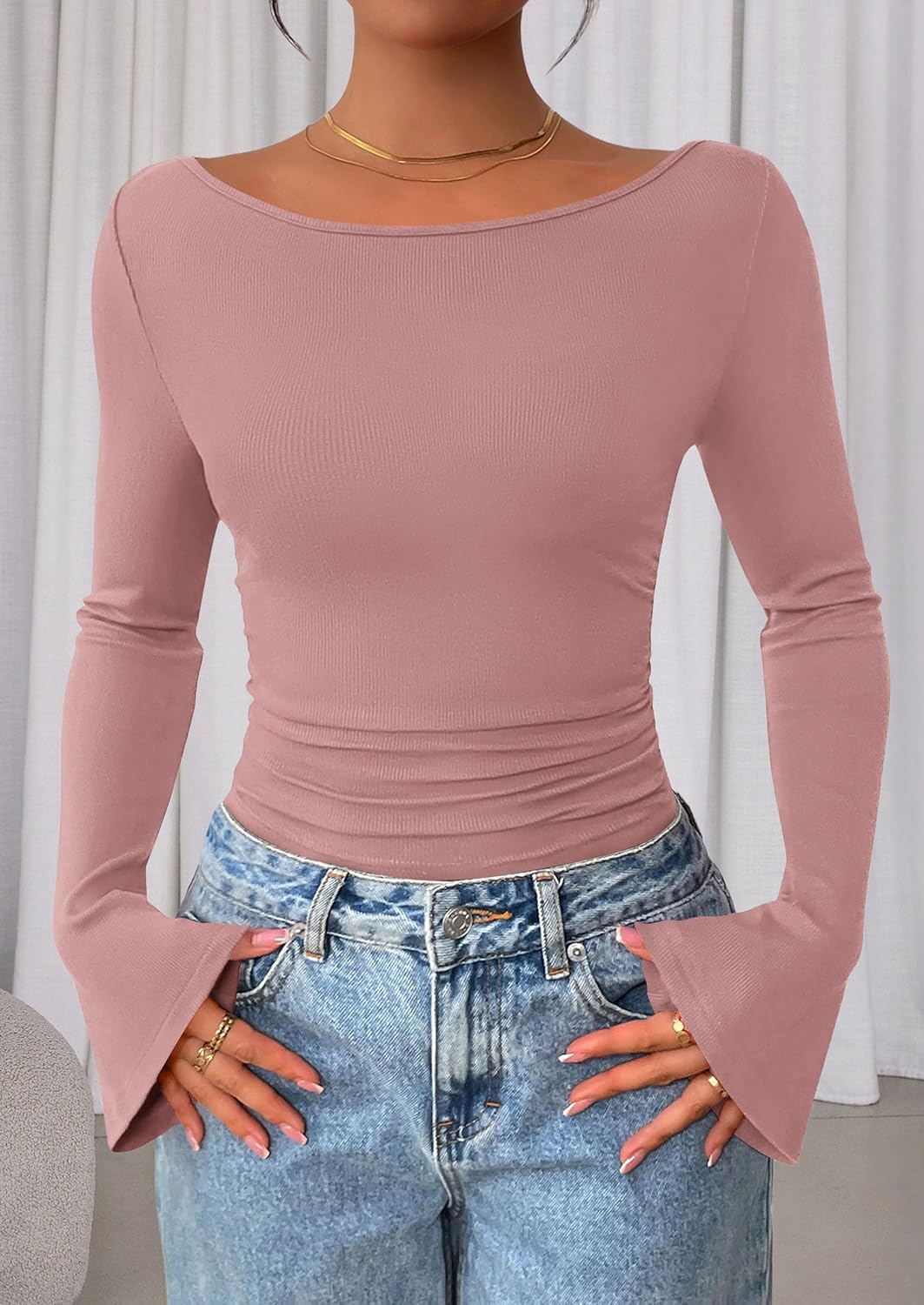 PRETTYGARDEN Womens Long Sleeve Shirts 2026 Spring Crop Going Out Tops Casual Boat Neck Bell Sleeve Ribbed Ruched Y2K Clothes - Image 7