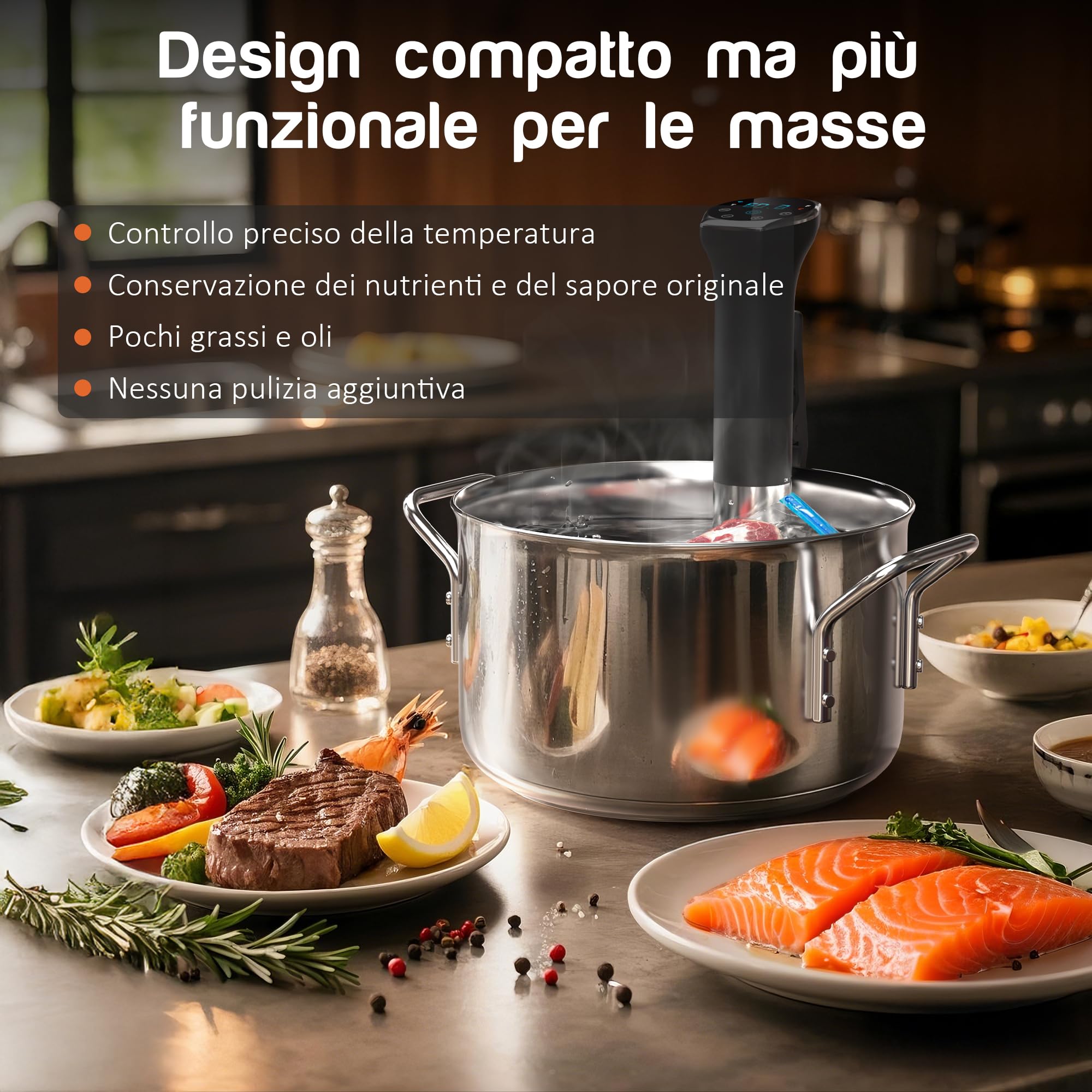 Sous Vide Roner Cucina a Bassa Temperatura Slow Cooker Circolatore IPX7, Touch Screen, Acciaio Inox, 10°C-90°C, 16A
