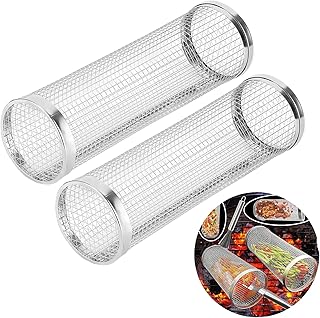 2 Pack BBQ Rolling Grill Basket Stainless Steel Barbecue Grill Baskets with Removable Cover Cylinder Grilling Baskets Mesh Rack Portable Cylinder Grilling Baskets for Outdoor Grill（11.8inch）