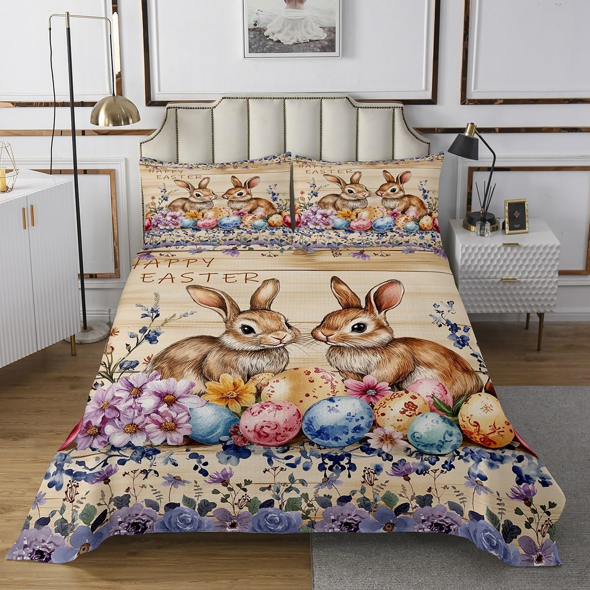 Cartoon Easter Bedspread King Size,Farmhouse Rabbit Cute Eggs Print Quilt Set with 2 Pillowcases,Rustic Watercolor Flowers Floral Microfiber Coverlet Set for Children Adult,Breathable