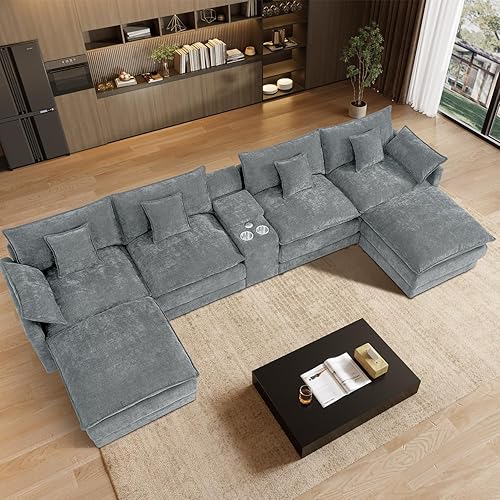 163" Oversized Modular Sectional Sofa U Shaped Cloud Couch Modern 6 Seat Sofa Set for Living Room Comfy Chenille Deep Seat with Storage Central Console, Movable Ottomans, Cup Holders, USB Ports, Grey