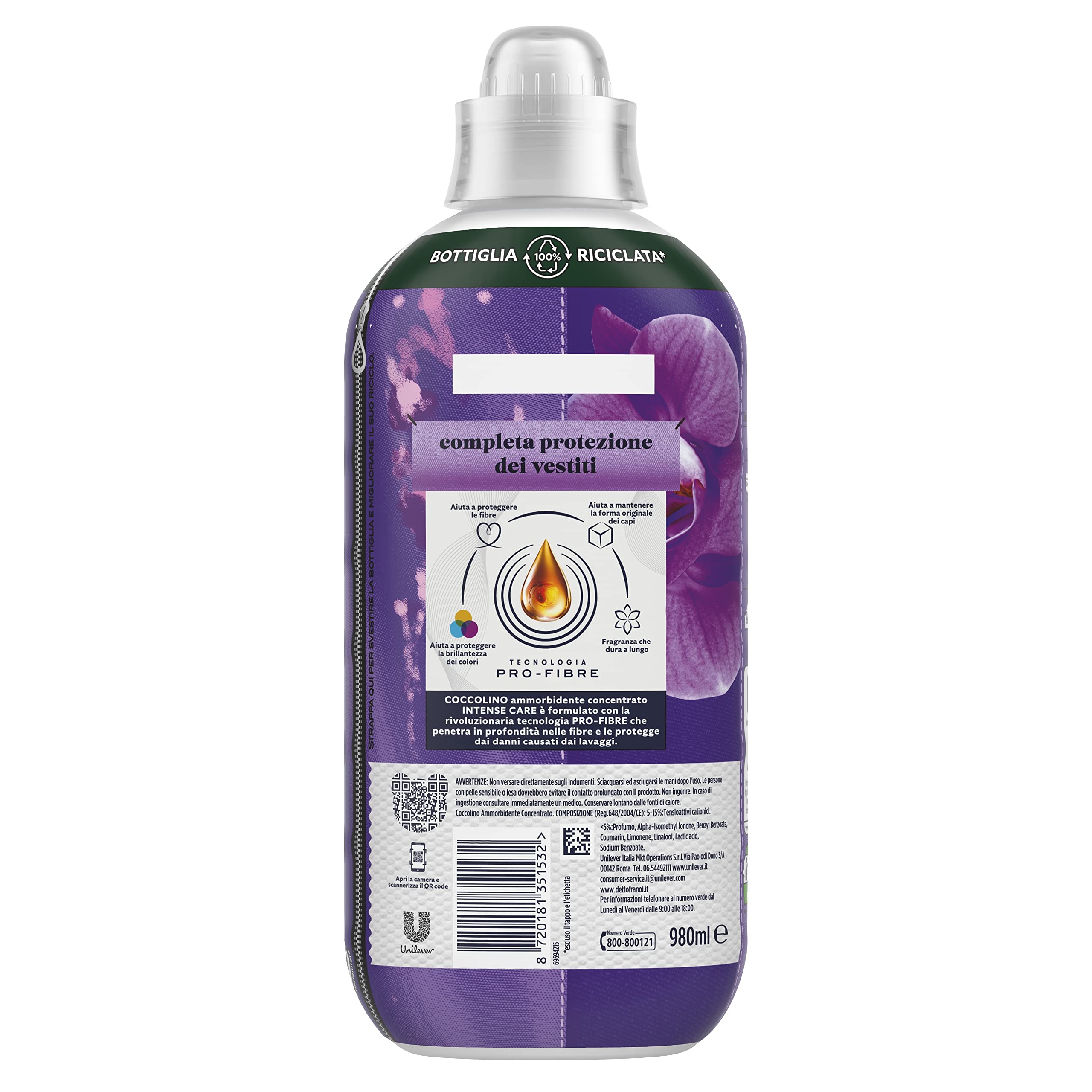 Coccolino Suavizante concentrado orquídea violeta y arándanos, suavizante para lavadora Intense Care con tecnología Pro-Fibre, formato hasta 336 lavados, 8 unidades de 980 ml