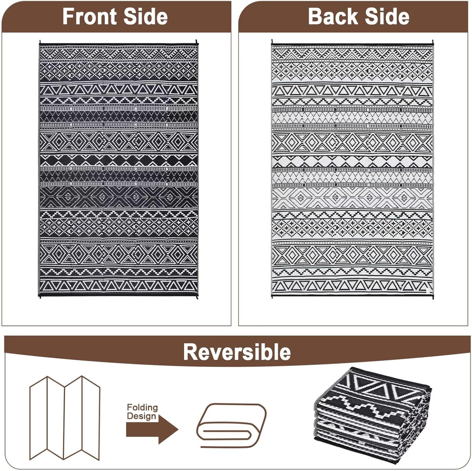 IMINROME Outdoor Rug 6x9 Waterproof Patio Rug Mat Geometric Rug Plastic Straw Outside Rug for RV Camping Picnic Reversible Rug Modern Clearance for Deck, Beach, Black/White