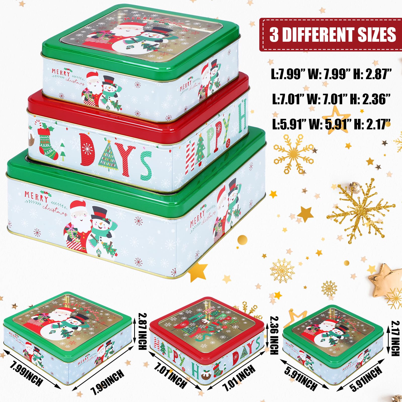 Zhehao 3 Pcs Christmas Cookie Tins with Lids for Gift Giving 3 Sizes Snowman Square Shape Candy Boxes for Gift Giving Tinplate Decorative Metal Cookie Container for Storage Xmas Holiday Party Favor