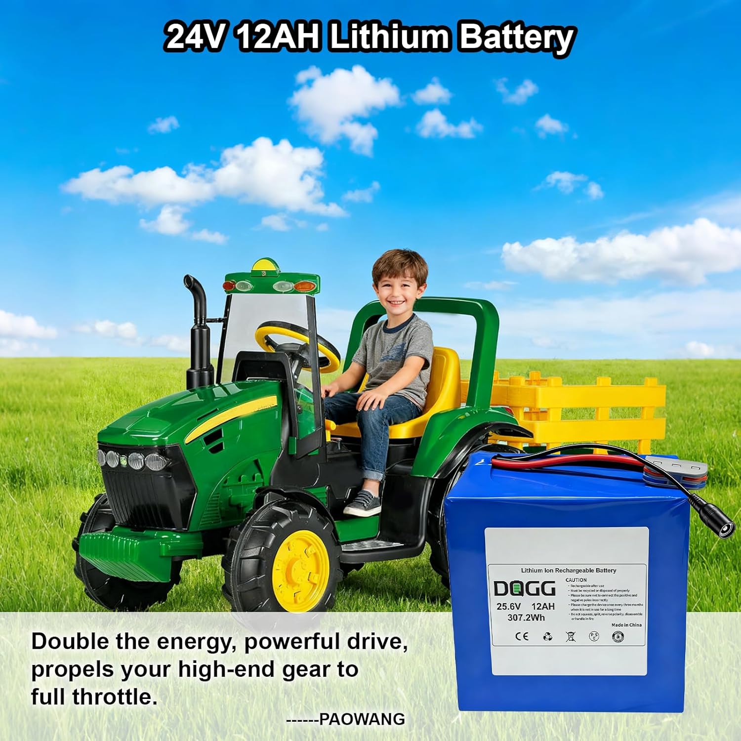 24Volt Lithium-ion Battery Pack for 24V Peg Perego Vehicles, Replacement Batteries 12AH with Blue 2 Pins Connector & Universal Charger & Quick Connector & Electrical Tape Kit.