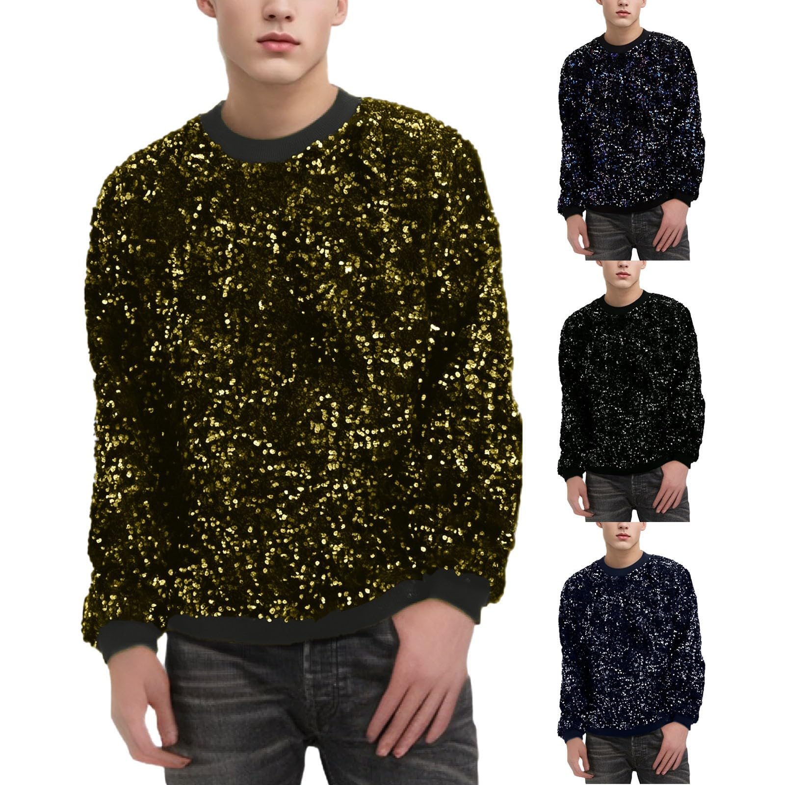 Felpa con paillette, da uomo, a maniche lunghe, girocollo, con brillantini, vintage, goth senza cappuccio, maglione per feste a maniche lunghe, per carnevale, hip hop, girocollo, maglietta