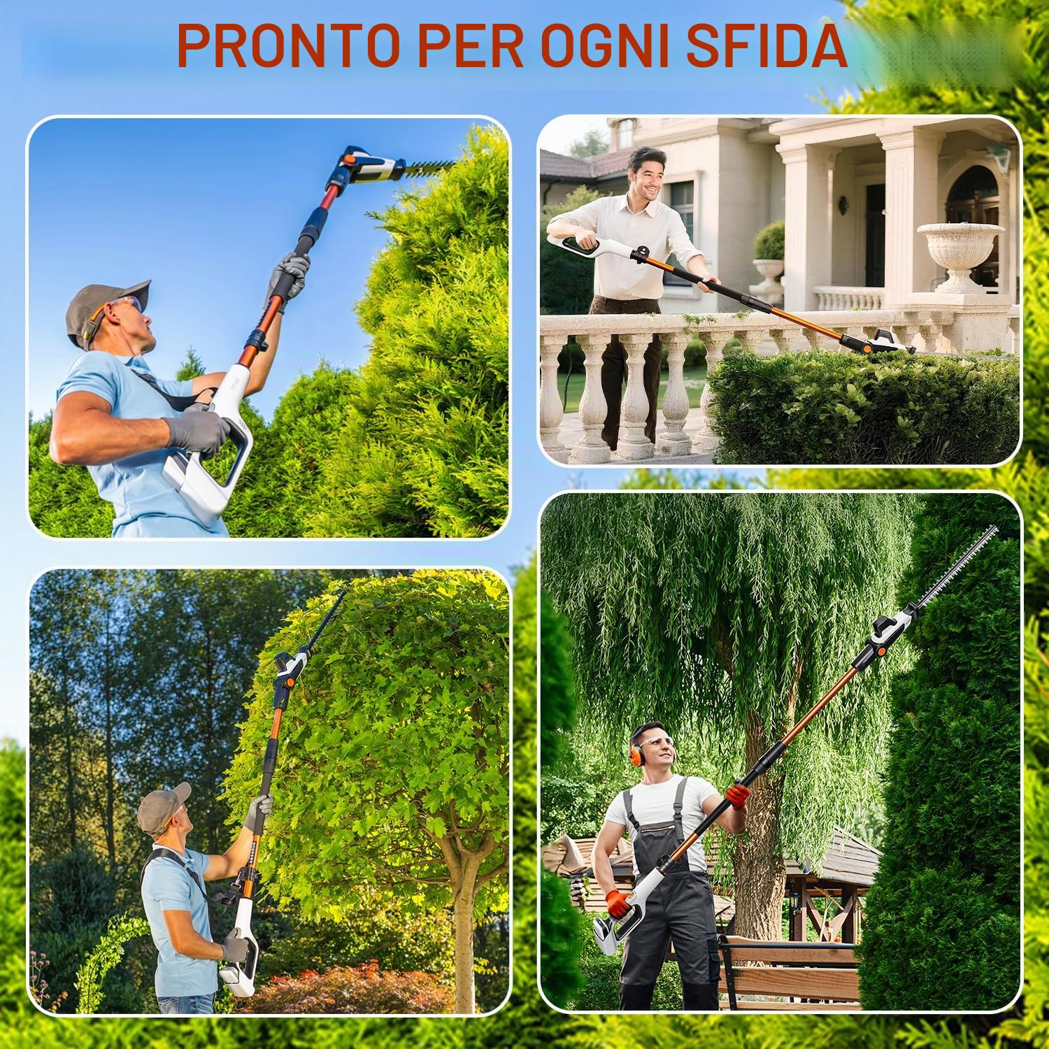 Litheli Tagliasiepi telescopico a batteria 20 V con asta fissa, manico regolabile in 6 posizioni fino a 3,4 m, lama doppia 42 cm, batteria 10000 mAh, leggero ed ergonomico