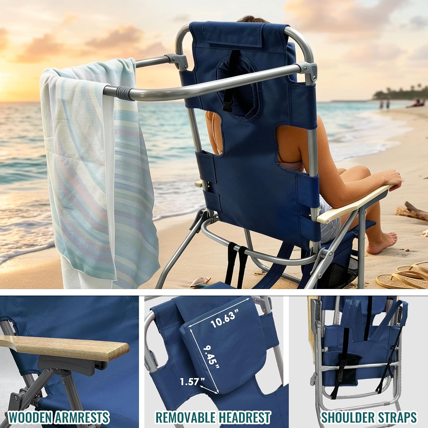 16" Tall Backpack Beach Tanning Chair with Camping Stool for Adults, Heavy Duty 5-Position Folding Beach Chair with Face Hole 265LBS Navy