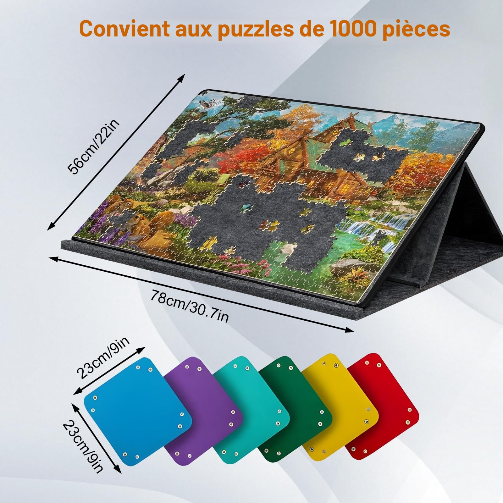 Plateau de Puzzle Pliable 1000 Pièces avec 6 Bols de Tri Colorés, Couverture 2-en-1 et Support de Puzzle