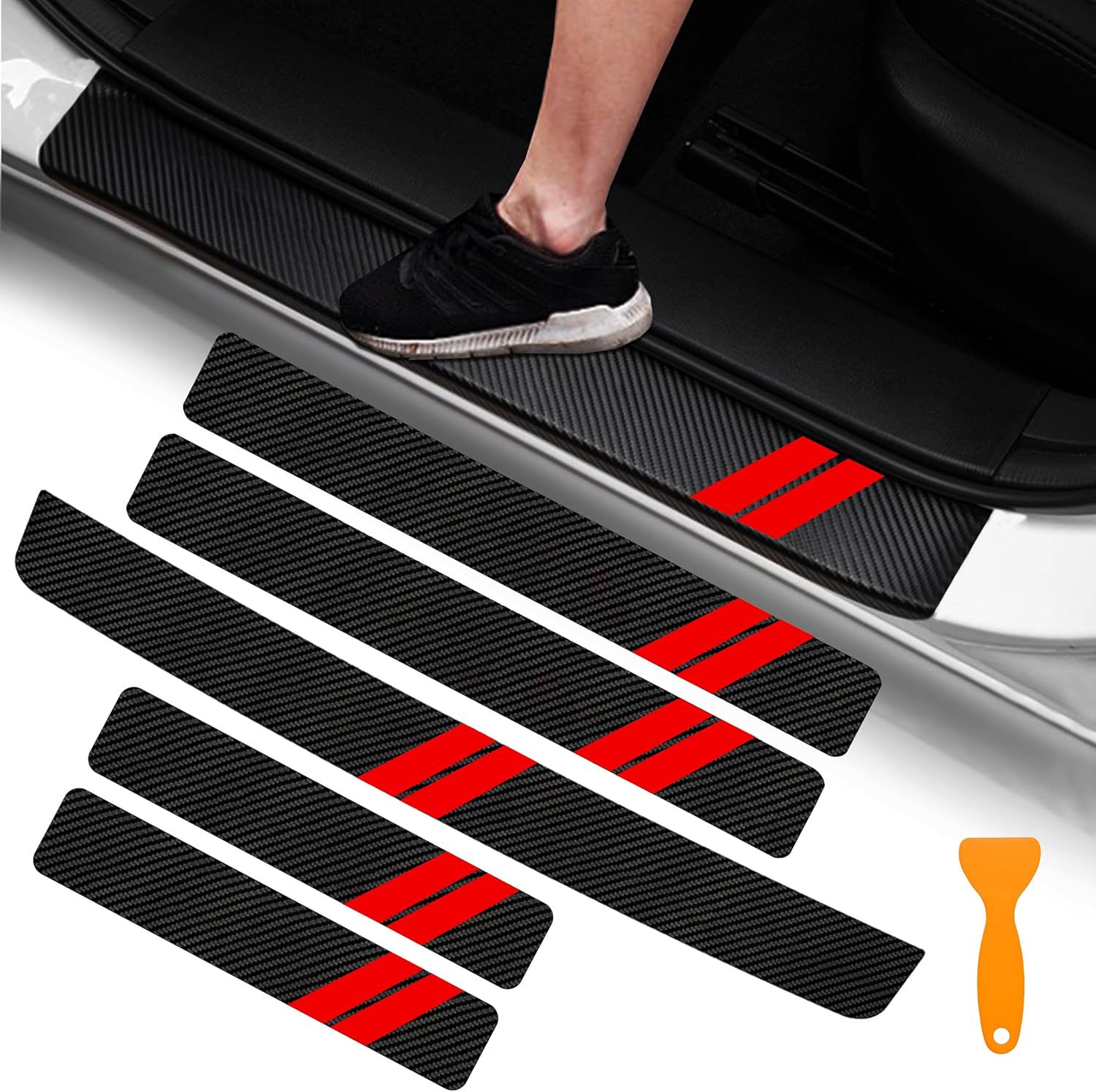 YOSRTER 5PCS Door Sill Guard Decoration Stickers for Dodge Charger Challenger Durango Journey Universal Fit to All Dodge Cars Fiber Leather Door Sill Protector (Red Trim)