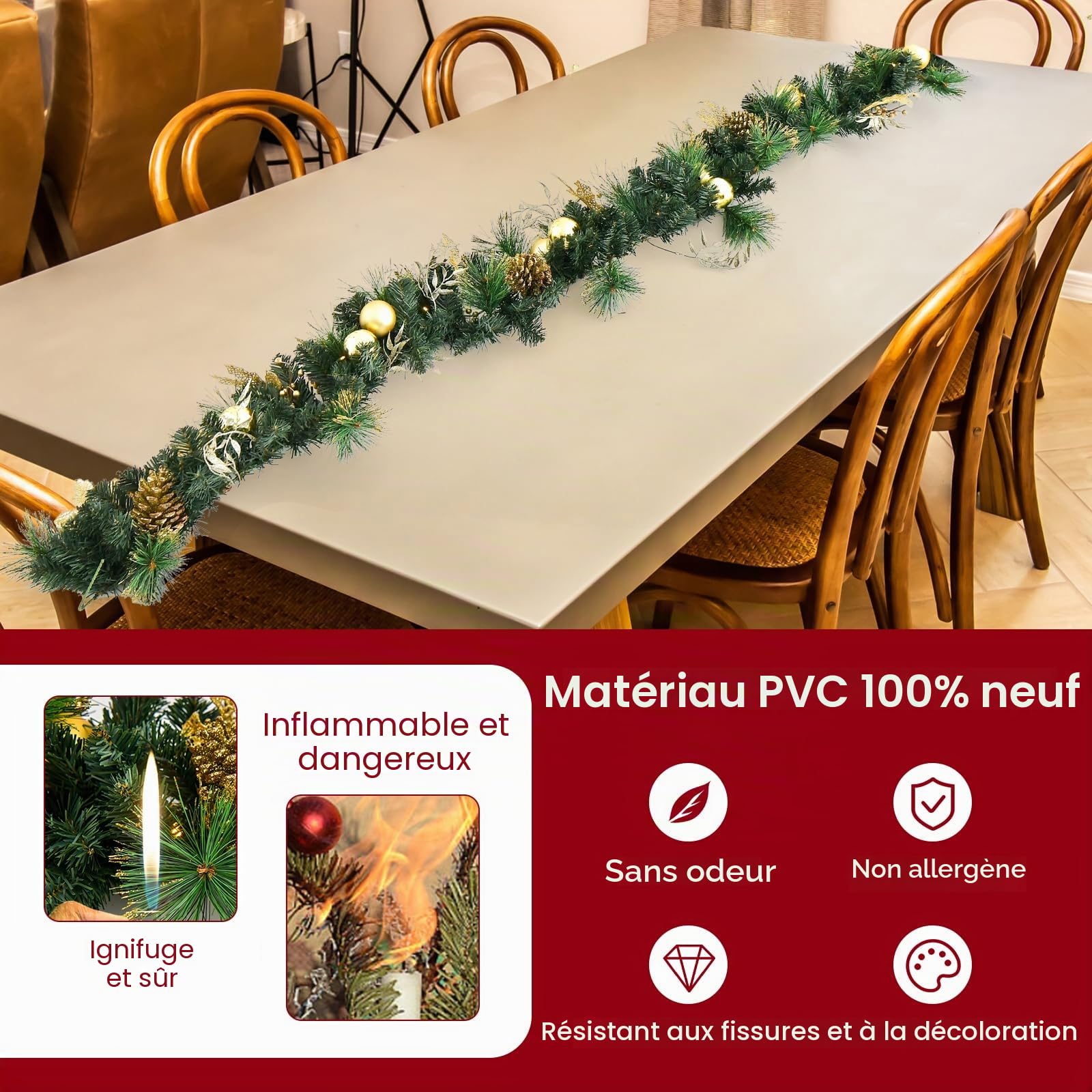 KOMFOTTEU Guirlande de Noël LED 270cm pour escaliers et cheminées | Couronne de Sapin Artificiel avec Baies Rouges et Pommes de pin, décoration de Noël pour escaliers et cheminées (Vert)