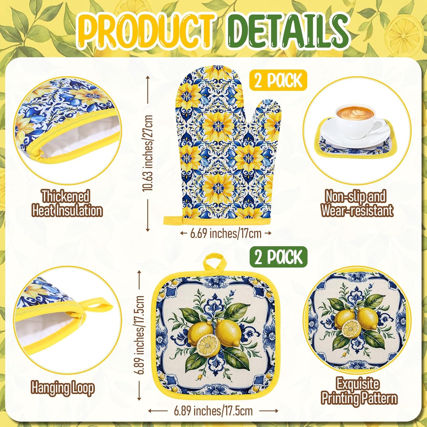 10 Pcs Mediterranean Lemons Kitchen Gift 4 Dish Towels Tea Towels 2 Oven Mitts 2 Pot Holders Lemon 2 Mats Kitchen Accessories for Cooking Baking