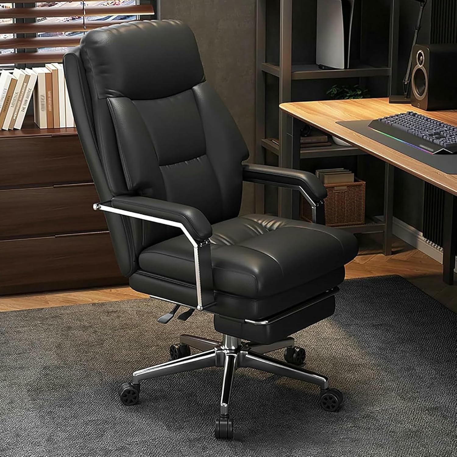 High-Back Office Chair with Footrest, Wide Leather Luxury Executive Chair with Lumbar Support, Comfortable Computer Gaming Chairs Swivel Work Chair