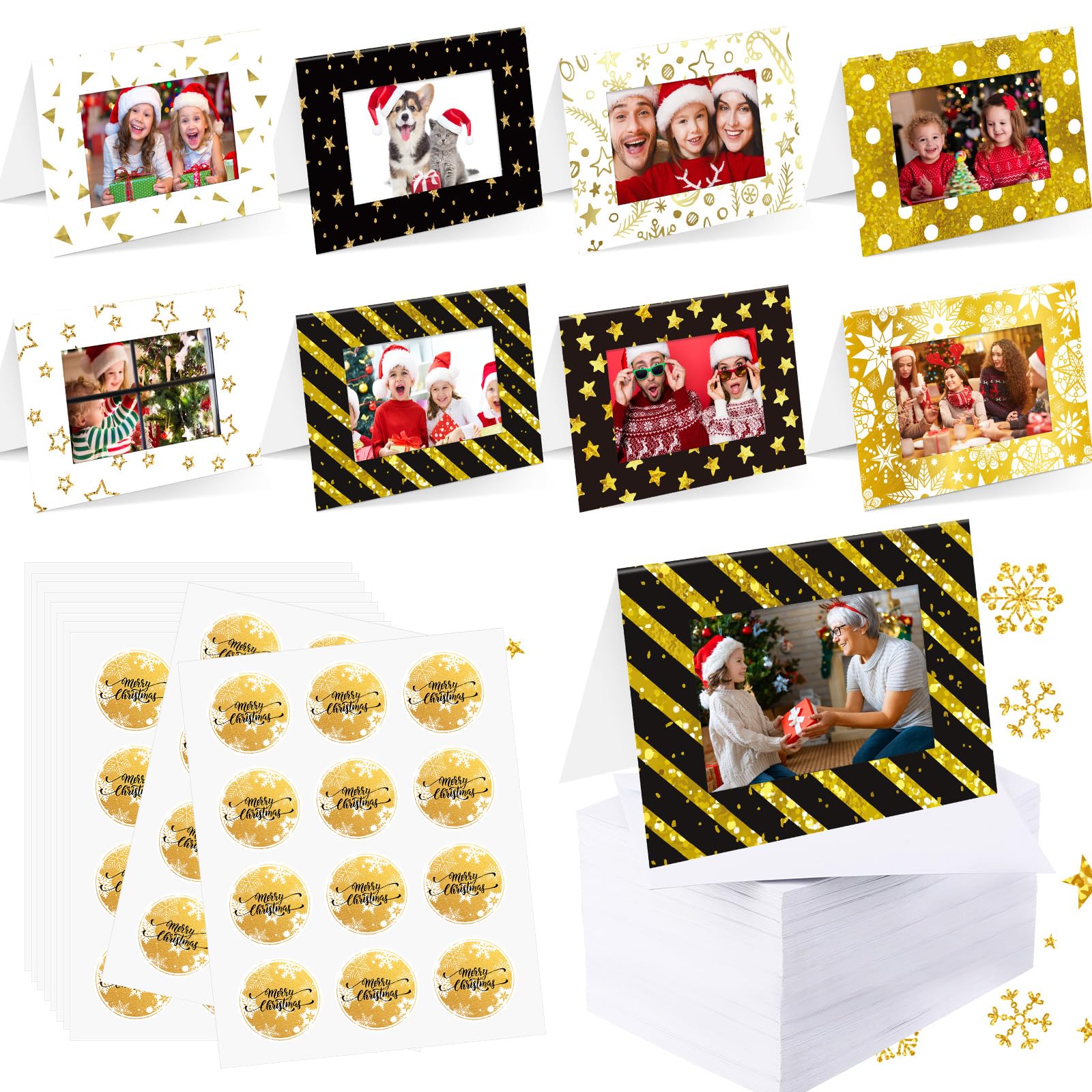 Zhanmai 180 Set Christmas Photo Frame Greeting Cards with Envelopes and Stickers Christmas Gold Foil Holiday Gift Card Set Holder Vintage Christmas Cards Assortment for 4" x 6" Photos