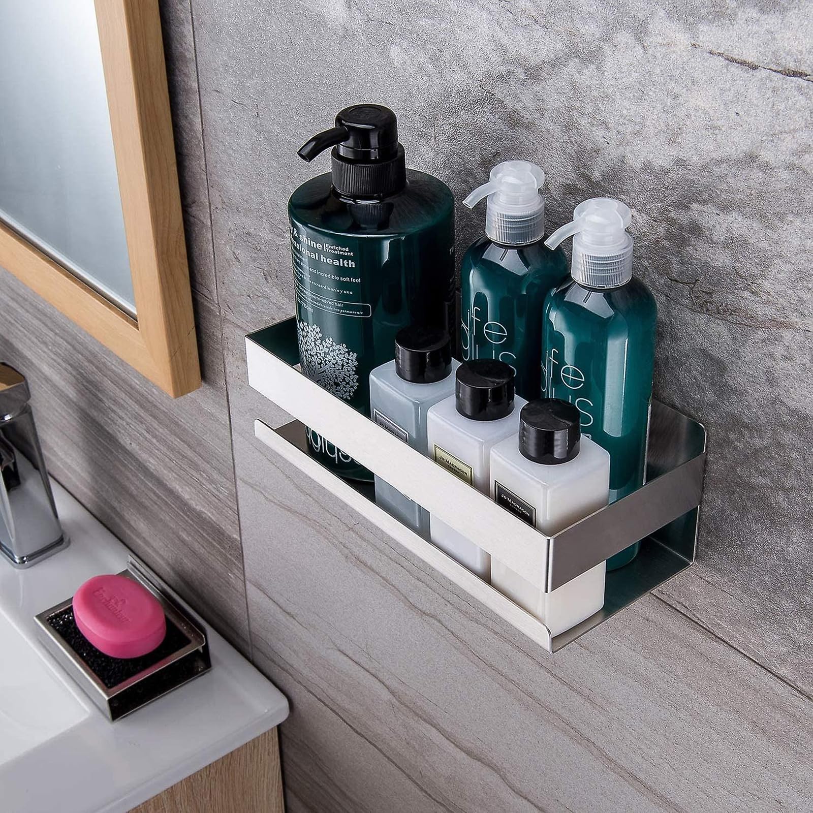 EXLECO Mensola Doccia Senza Foratura 30 CM Acciaio Inox Cromo Spazzolato con 2 Ganci Mobili Porta Shampoo