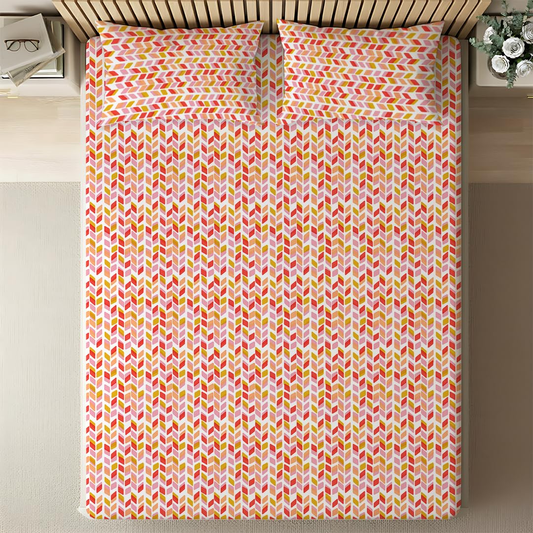 Livspace Bedsheet for Double Bed Queen Size | 78 x 60 Inches Queen Size Bedsheet with Elastic Fitted with 2 Pillow Covers | 100% Cotton, 144 TC Soft & Breathable | Pure Nest by Bello (Yellow Pink) 4