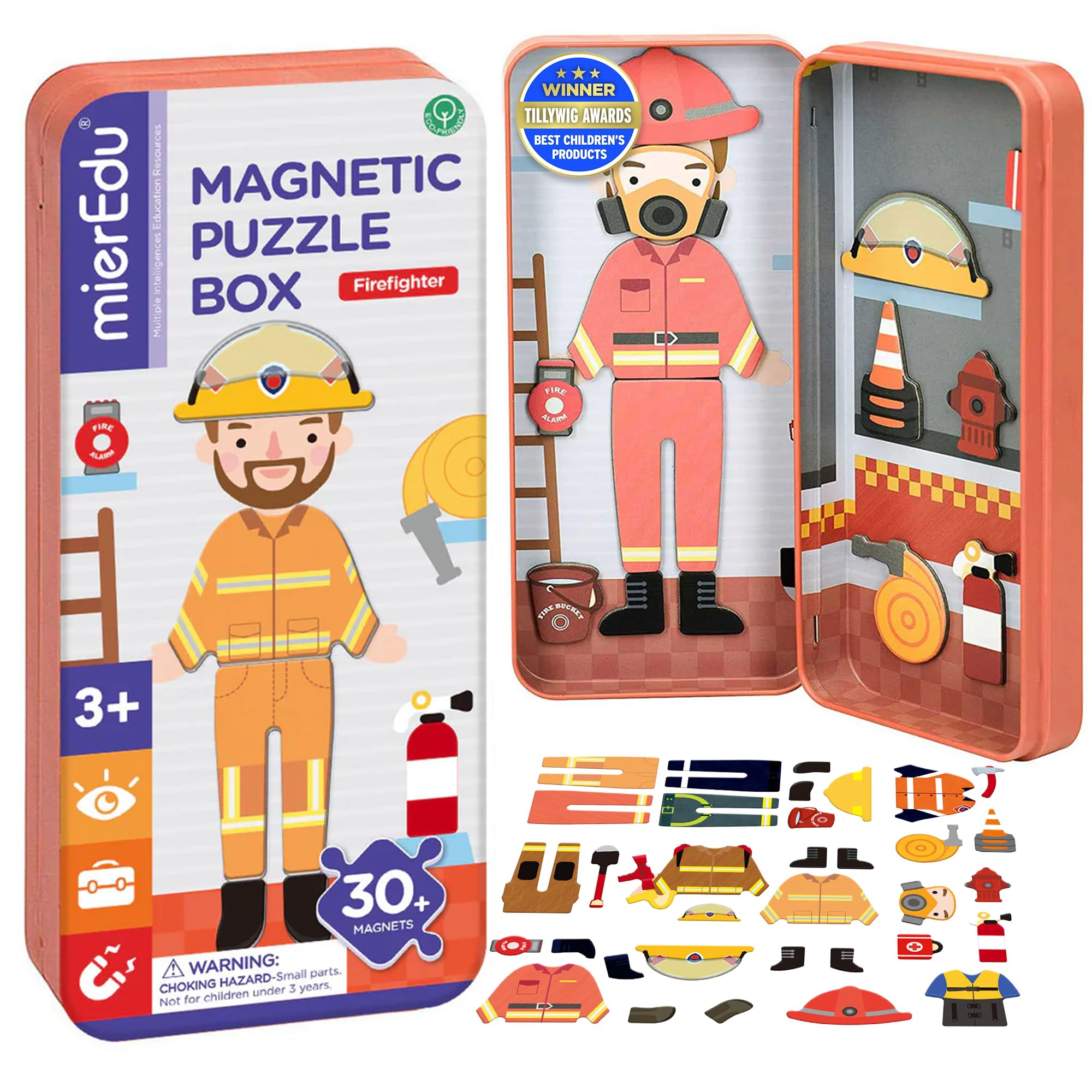 mierEdu Magnetic Game Box Fireman for Dressing – Promotes Motor Skills + Fantasy, Ideal for Home & Travel Game for Children, Fire Brigade Kit from 3 Years, Travel Games Children from 3 Years