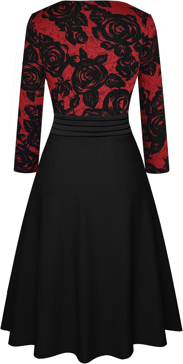 HOMEYEE Women's Chic V-Neck Lace Patchwork Flare Party Dress A062 - Image 3