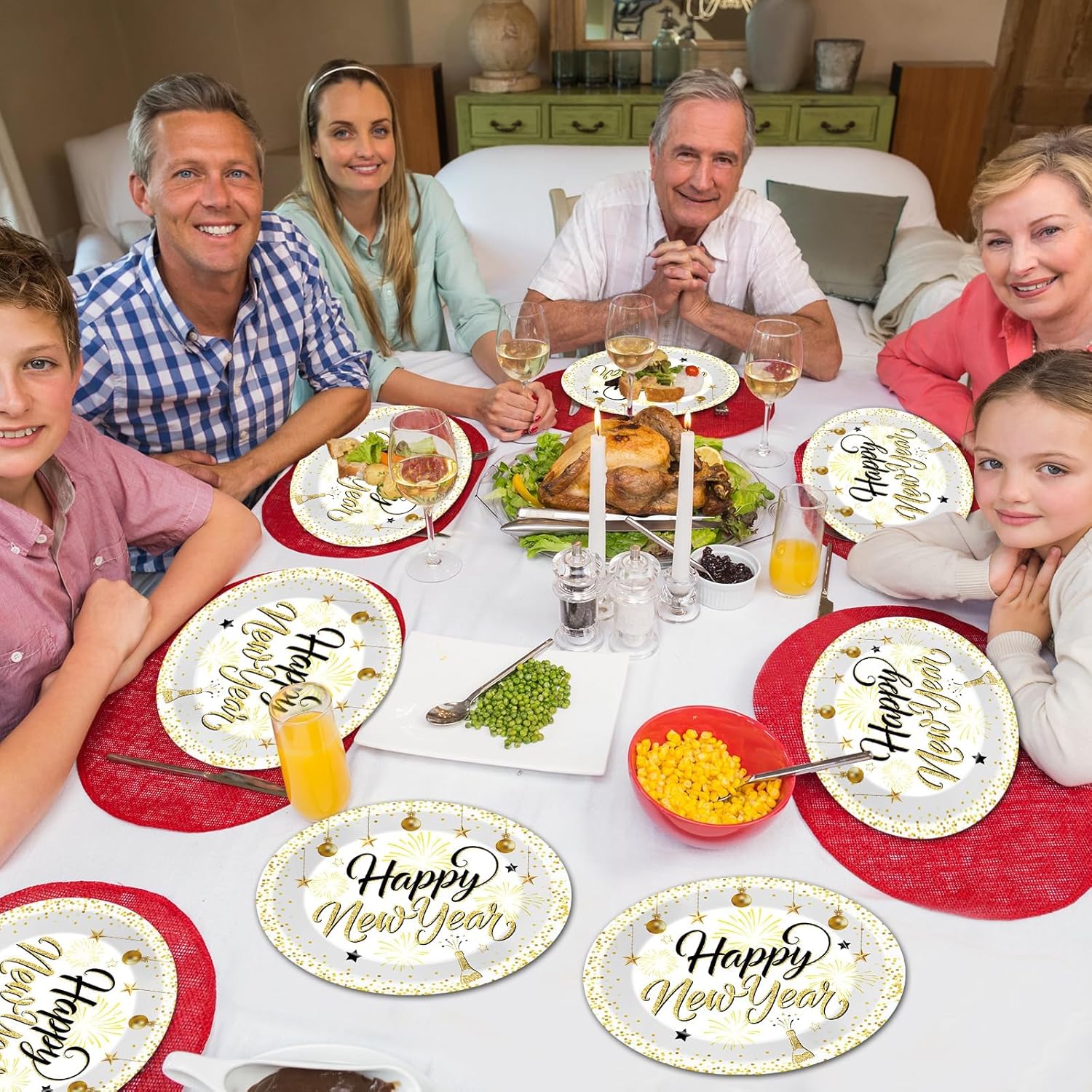 QOUBAI 50Pcs Happy New Year Party Oval Plates 11 Inch Disposable Black Gold New Year Paper Plates Winter Tableware Dinnerware Set Holiday Platter Dish Tray for Holiday Party Decoration Supplies 2026