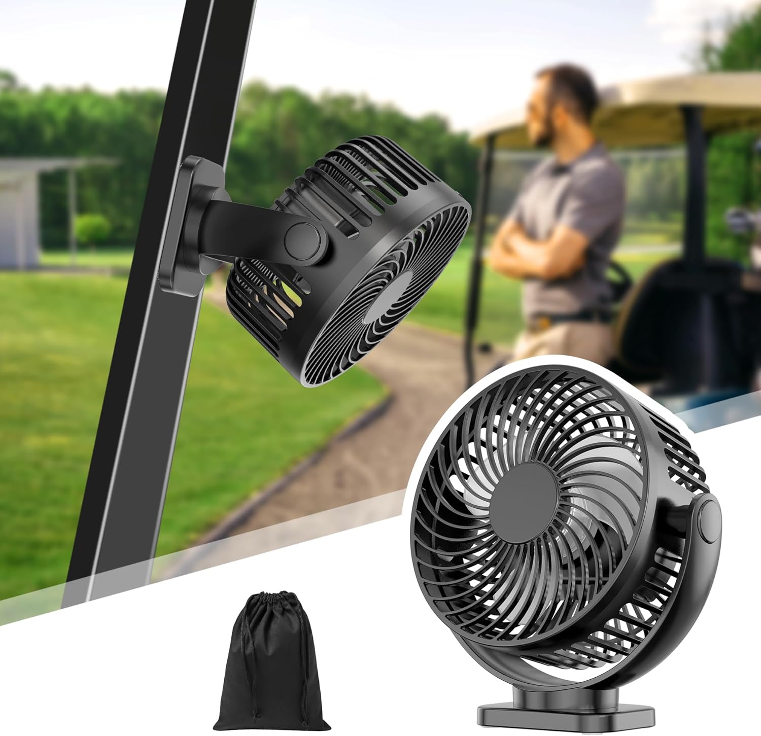 [Upgraded 2X Magnet] 1-Pack Magnetic Golf Cart Fan Rechargeable, 12000mAh Battery Operated Portable Fan with 3 Speeds, Light, Magnetic Base, Suitable for EZGO Club Car Yamaha, Golf Cart Accessories