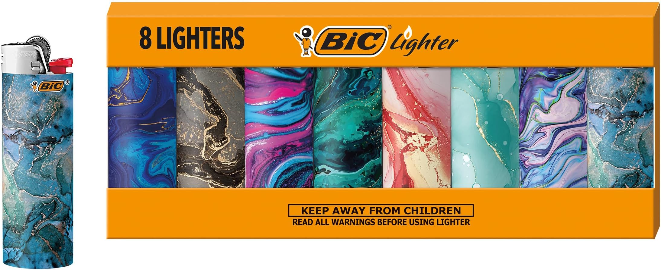 Maxi Pocket Lighter, Special Edition Marble Collection, Assorted Unique Lighter Designs, 8 Count Pack of Lighters (Colors May Vary)