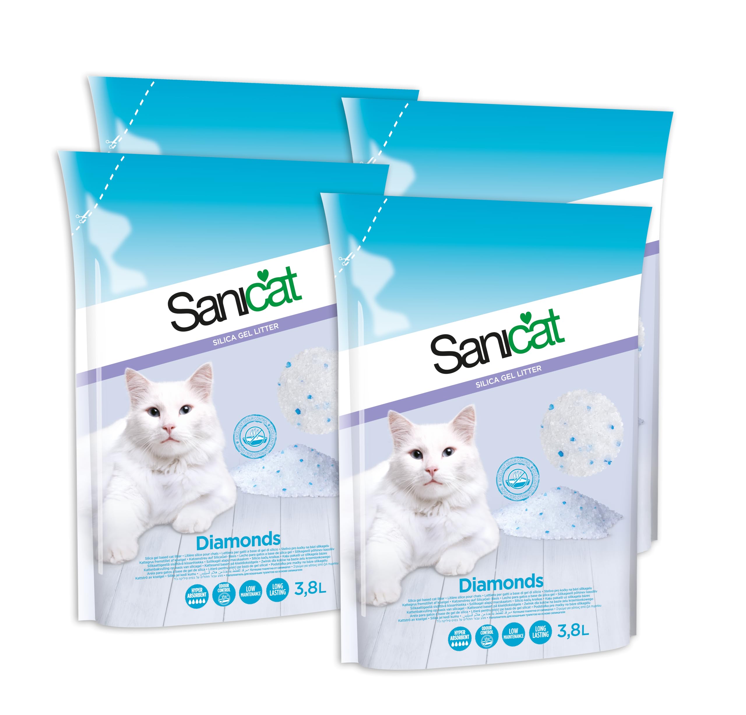 Sanicat - Lettiera assorbente con perle in gel di silice - Senza profumo | Granuli fini e soffici con elevata assorbenza e controllo degli odori | Capacità 4 x 3,8 L
