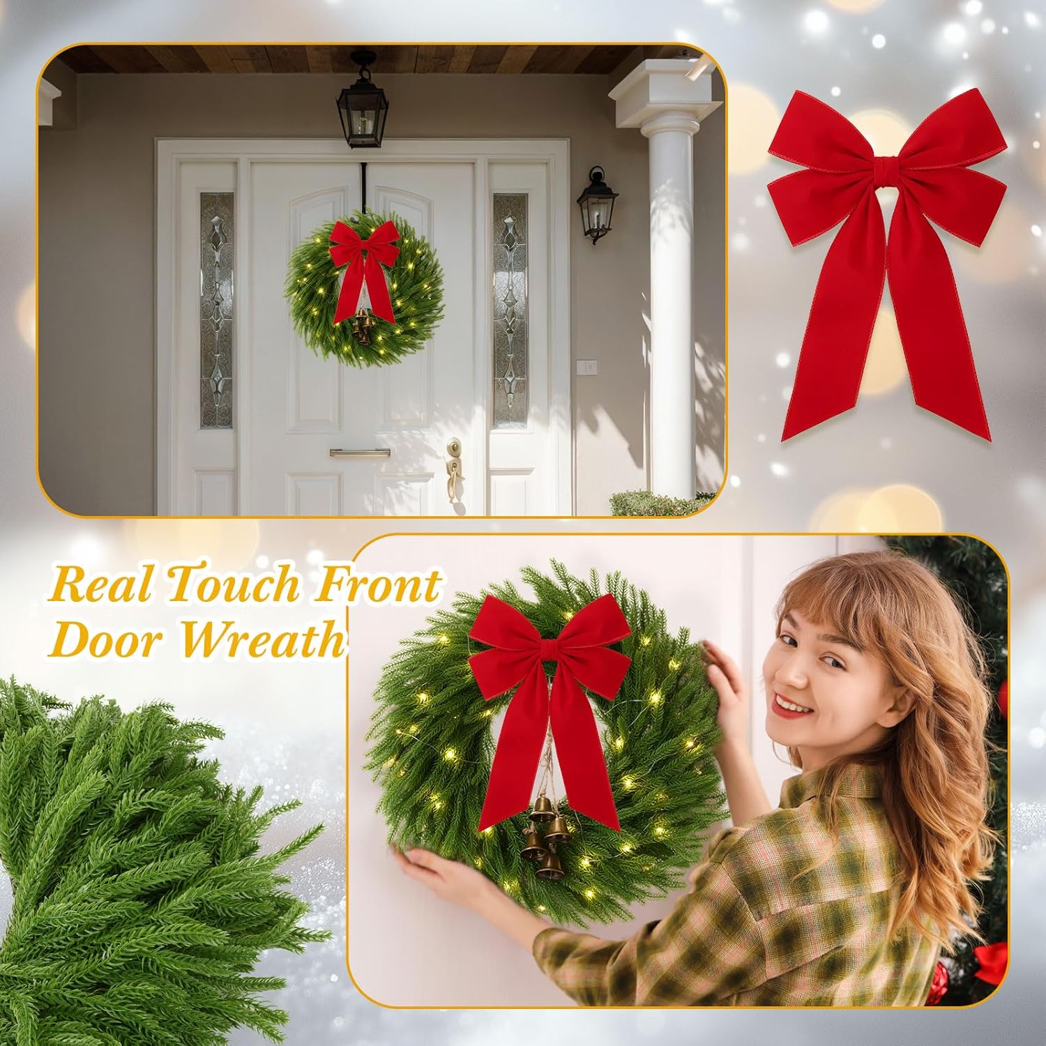 2 Pack 22 Inch Pre-Lit Christmas Wreath Norfolk Pine Wreath with Velvet Bow and Bells Realistic Greenery Holiday Decoration for Front Door Indoor Outdoor Christmas Decor (Red)