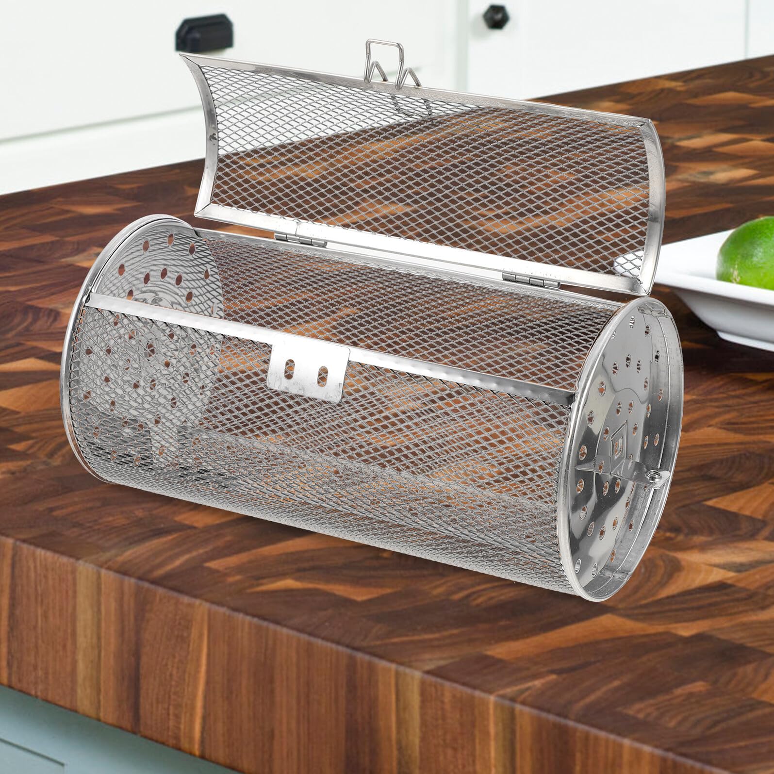 Jaula de Acero Inoxidable Plata para Parrilla Giratoria | Calentamiento Uniforme, Usos Amplios, Apta para Carnes y Setas, para Restaurante y Reuniones Familiares