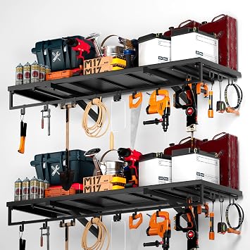2pcs Garage Wall Shelving - 3.5 * 2FT Extra Large Heavy Duty Floating Metal Shelves with 30 Hooks,Load Capacity 1102 Lbs, Hanging Garage Storage Tool Hanger Organizer Utility Rack,For Home,Workshop