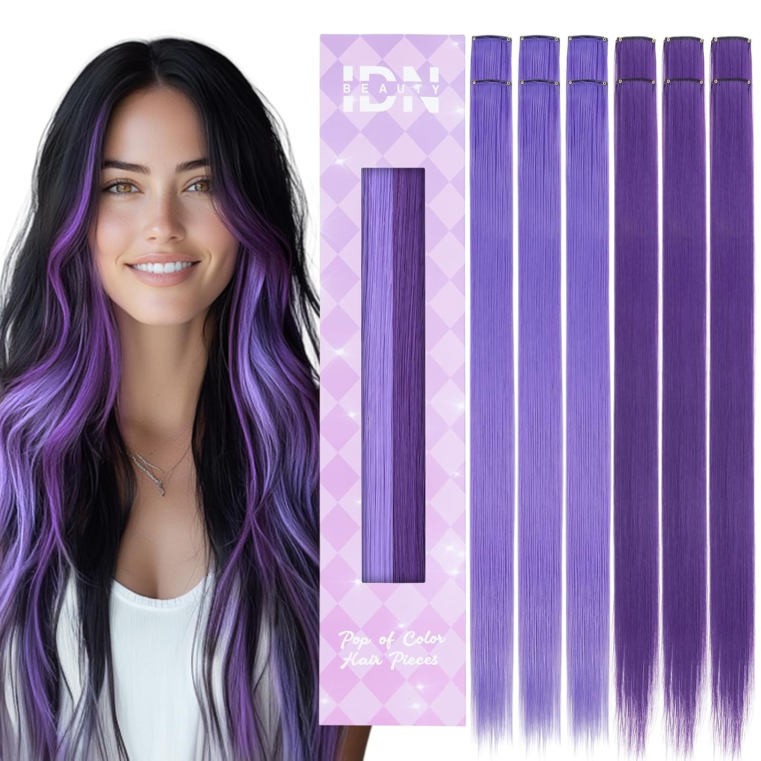 IDN BEAUTY Colored Clip in Hair Extension, 12PCS Light Purple Deep Purple 24Inch Multicolored Synthetic Hair Pieces for Women Kids Girls, Hair Accessories for Party Cosplay Travel Birthday Halloween