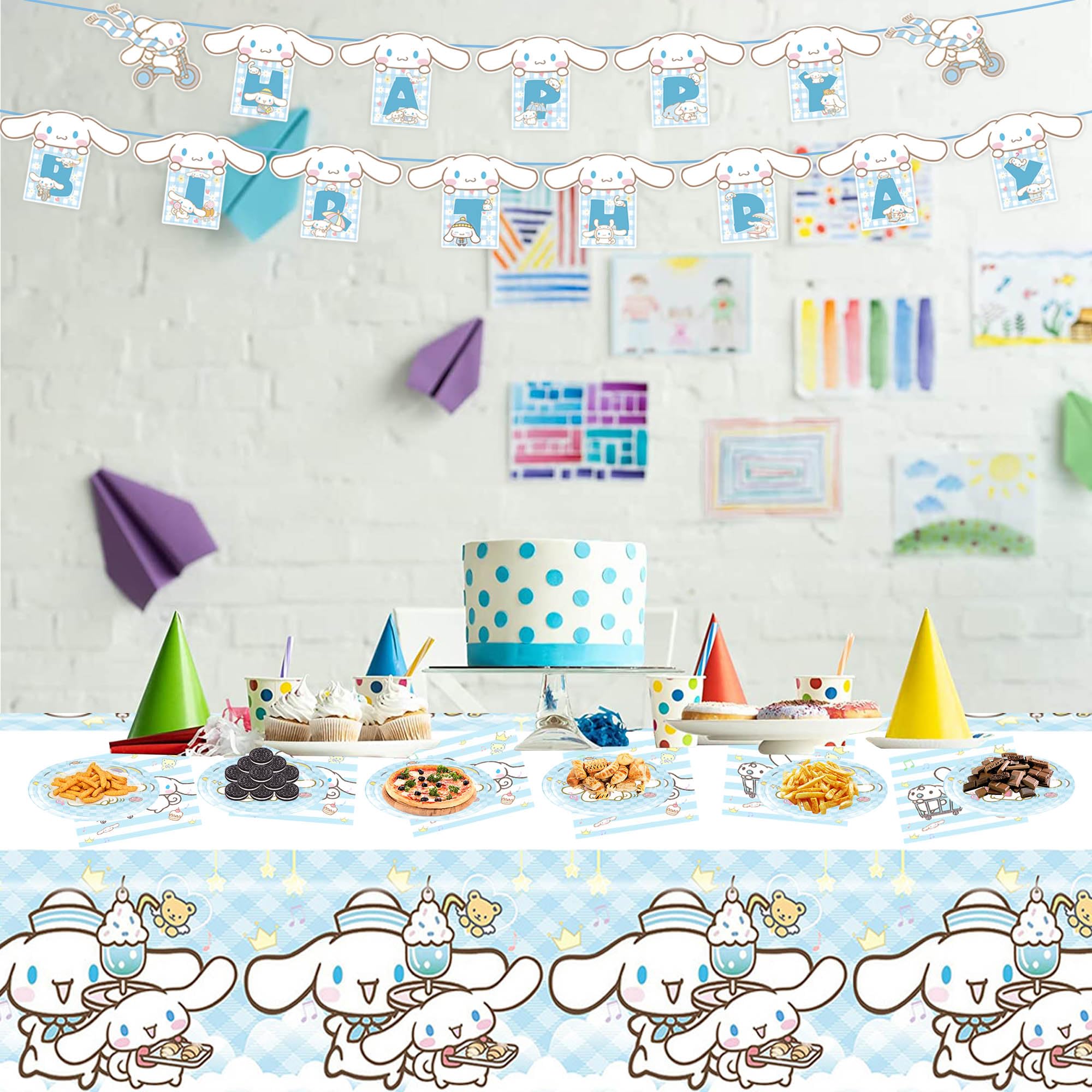 Cinnamoroll - Suministros de decoración para fiesta de cumpleaños, vajilla de fiesta Cinnamoroll incluye pancarta de cumpleaños, mantel, 10 platos de 9 pulgadas, 10 platos de 7 pulgadas, 20