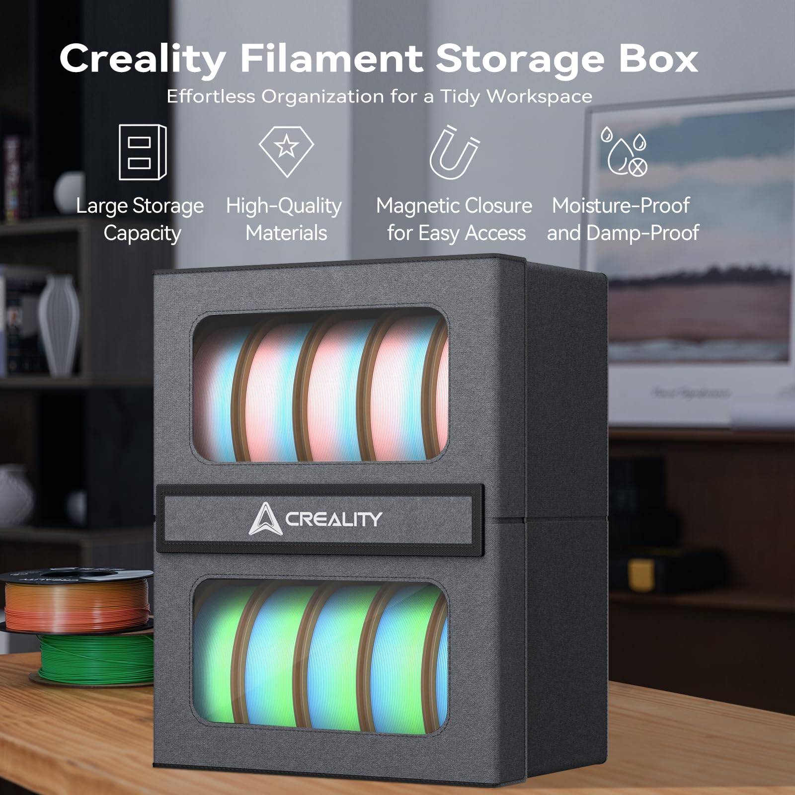 Contenedor de almacenamiento de Creality para filamento, a prueba de humedad y polvo, organizador de 2 niveles de metal para carretes de filamento y otros rollos