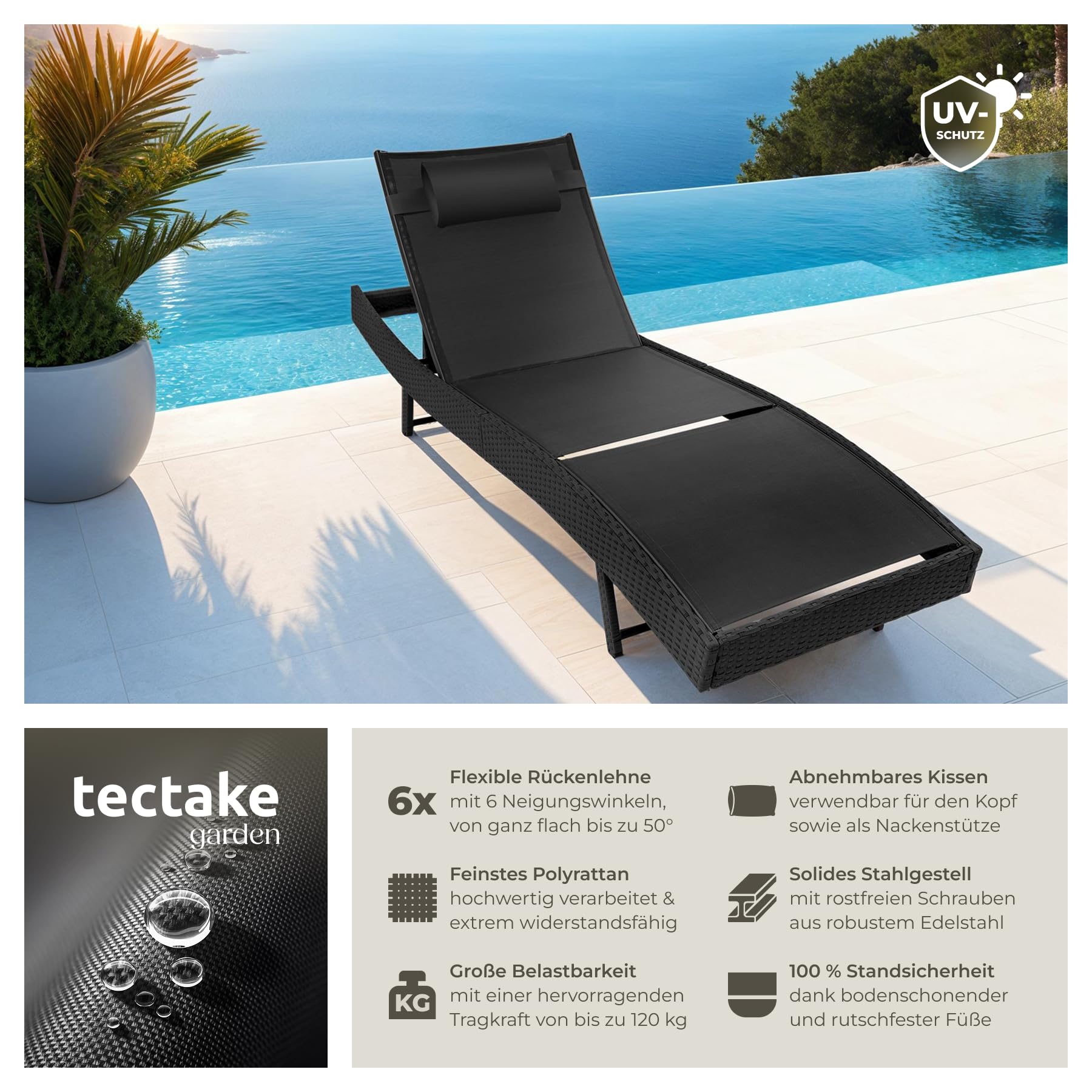 tectake® Sonnenliege, 6-Fach verstellbare Rückenlehne, Gartenliege wetterfest, Poolliege mit Kopfkissen, Outdoor Liege, UV-beständig, Strandliege für Garten, Terrasse und Balkon - schwarz