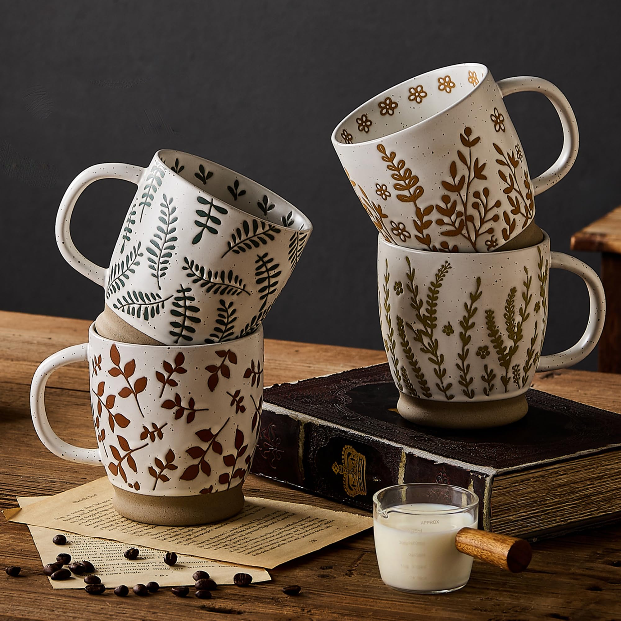 Handbemalte Keramik Kaffeetassen Set Landhausstil,Set of 4, 530ml Steinzeug Tonbecher für Espresso Tee, mikrowellengeeignet, Geschenk für Zuhause Büro