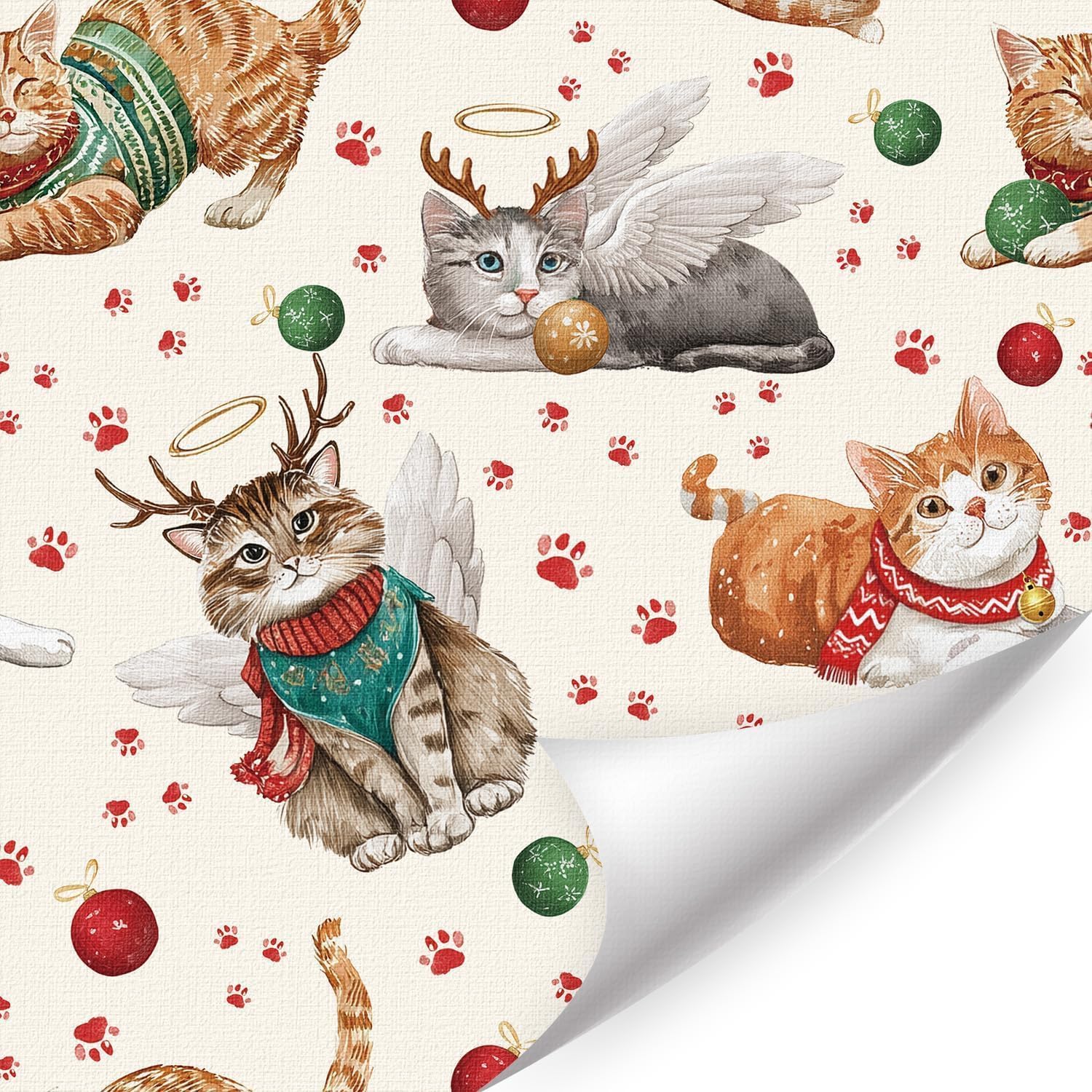 HPNIUB Beige Katzen Weihnachtstapete Selbstklebend Kätzchen Pfotenabdrücke Engel Katzen Tapeten für Katzenliebhaber Weihnachtsdeko 44x300cm