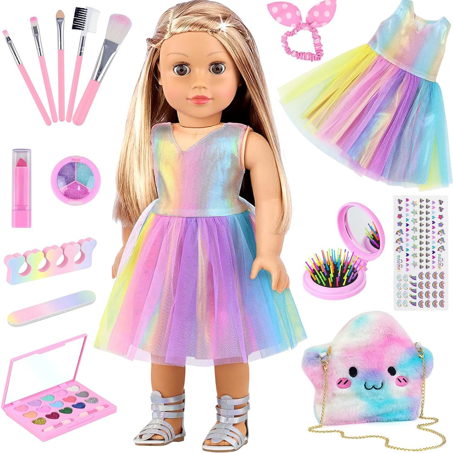 UNICORN ELEMENT 15Pcs American 18 Inch Doll Accessories, Dress & Makeup Play Set, Outfit for 18" Dolls, Birthday Gift for Girls (Doll Not Included)
