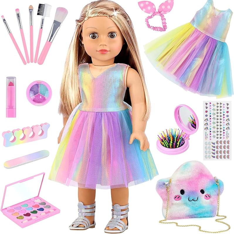 15 Pcs Doll Dress & Makeup Set for 18 Inch Dolls | Full Makeup Kit; Rainbow Dress, Makeup Bag & Hairband; Fits 18 Inch Girl Dolls; Age 3+, Doll & Shoes Not Included