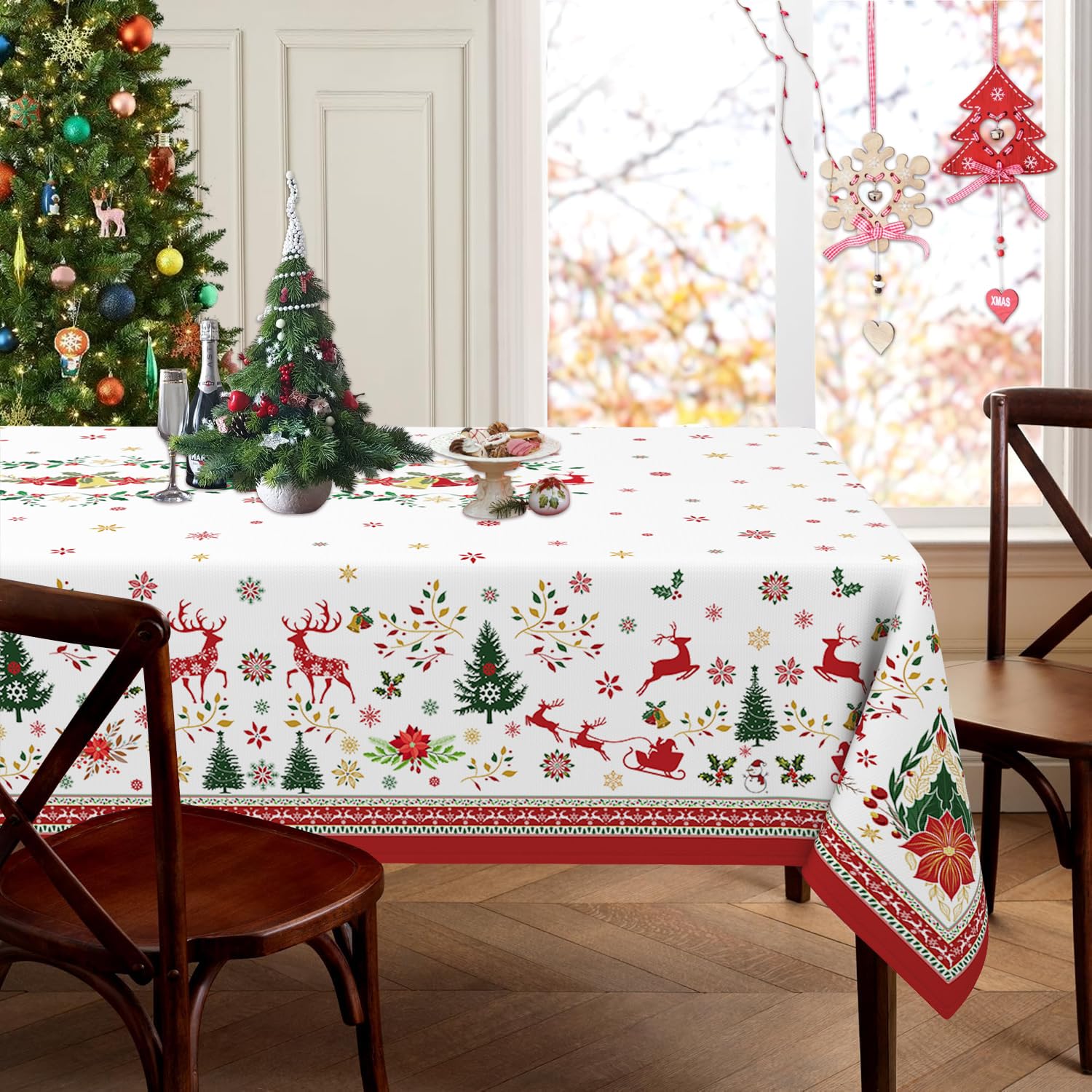 Sonalied Christmas Elements Christmas Tablecloth Rectangle 60X84 Inch, Waterproof Farmhouse Holiday Xmas Tablecloths Rectangular Christmas Table Cloth Rectangle Table