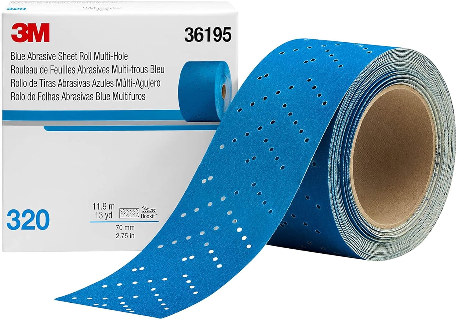 3M Hookit Blue Abrasive Sheet Roll, 36195, Multi-Hole, 2.75 in x 13 yd, 320+ Grade, Automotive Sanding Roll Sandpaper for Coating Removal, Body Repair, Auto Sanding