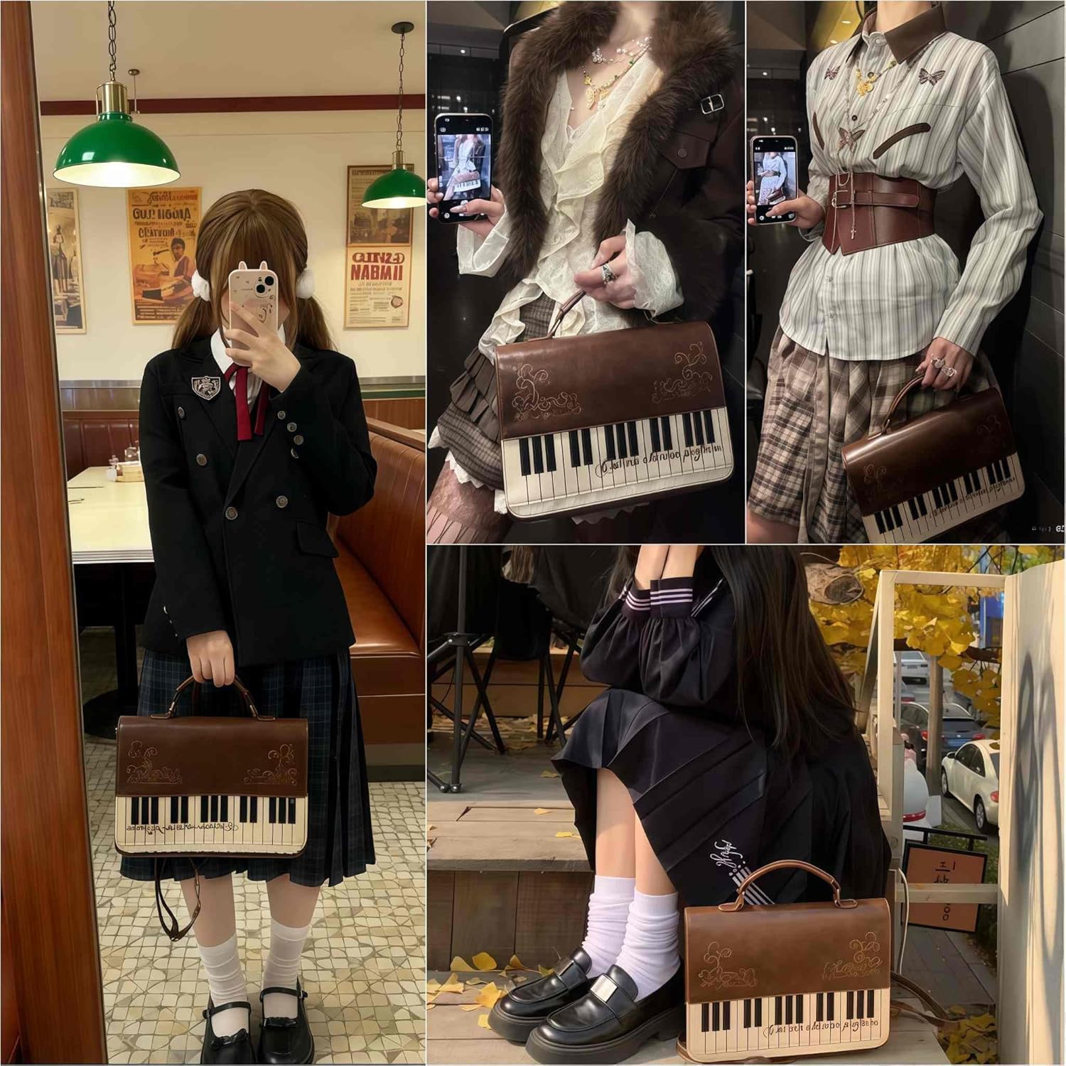 Piano Purse Music Bag, Kawaii Unique Crossbody Purses for Women, Brown Cute Messenger Bag, Whimsical Harajuku Anime Bag, Kawaii Cutecore Backpack, Whimsy Twee Lolita Fashion Aesthetic Accessories | Piano Pattern Design, 3 Ways To Wear