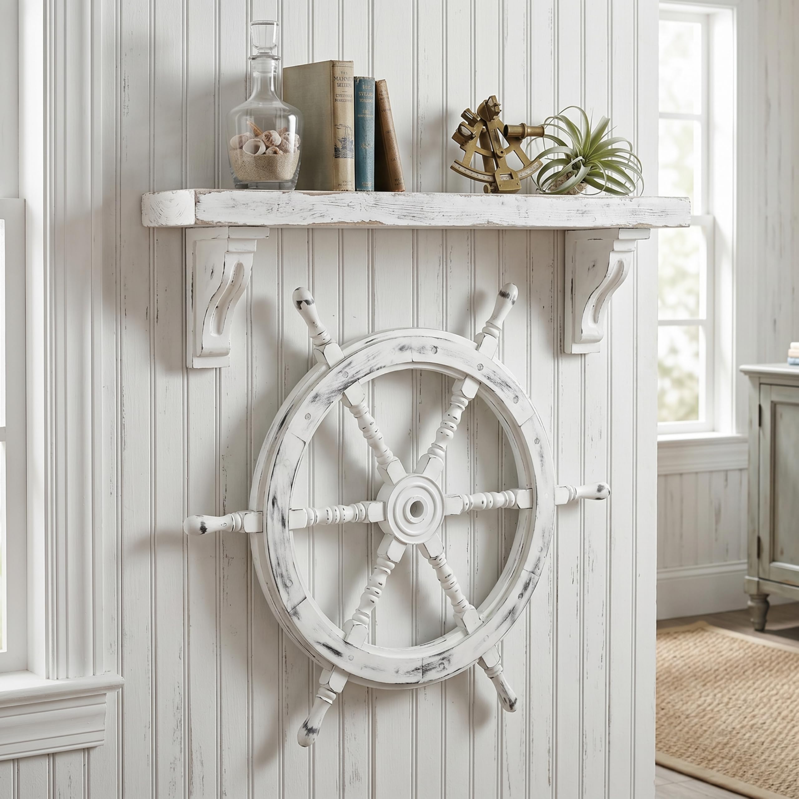 Nagina International Roue de bateau nautique en bois fabriqué à la main - Décoration murale pour la maison (24 pouces, blanc antique)