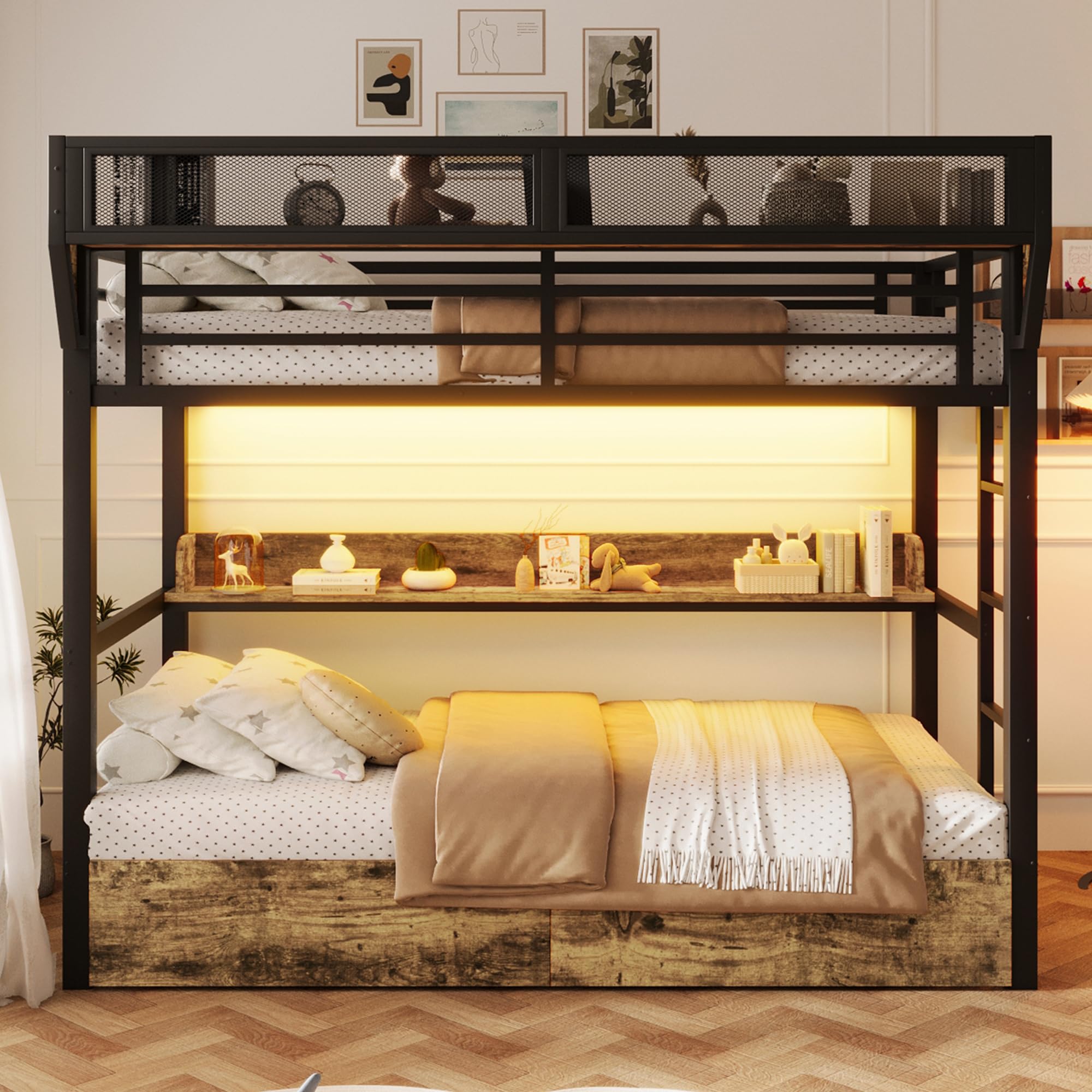 Merax Etagenbett 90x200 cm aus Metall, Kinderbett mit Stauraum & App-LED, Stockbett Metallbett mit 2 Schubladen, Aufbewahrungskorb & Ablagebord, Jugendbett mit Rausfallschutz, ohne Matratze, Schwarz