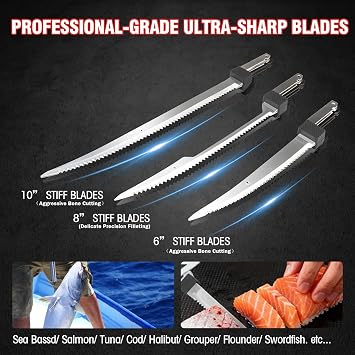 KITLUCK Cordless Electric Fillet Knife - 12V Cordless Fishing Knife with 6'', 8'' and 10'' Stiff Blades, 2 Rechargeable Battery Packs, 1 Charger, Electric Fish Fillet for Fishing, Filleting