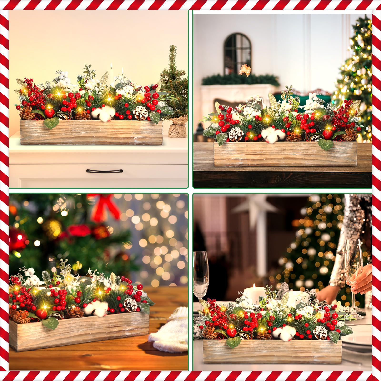 Leinuosen Lot de 30 décorations de table de Noël assorties - Guirlande de baies en rotin - Pomme de pin avec lumière LED - Arrangements floraux pour Noël - Décoration d'intérieur