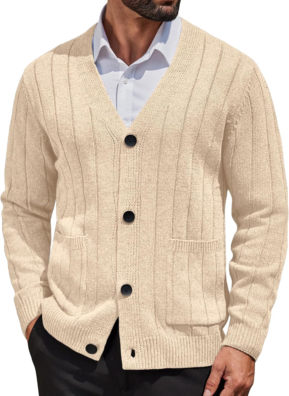 COOFANDY Men's Cardigan Sweater Cable Knit V Neck Button up Sweaters Ribbed Cardigan Sweater with Pockets