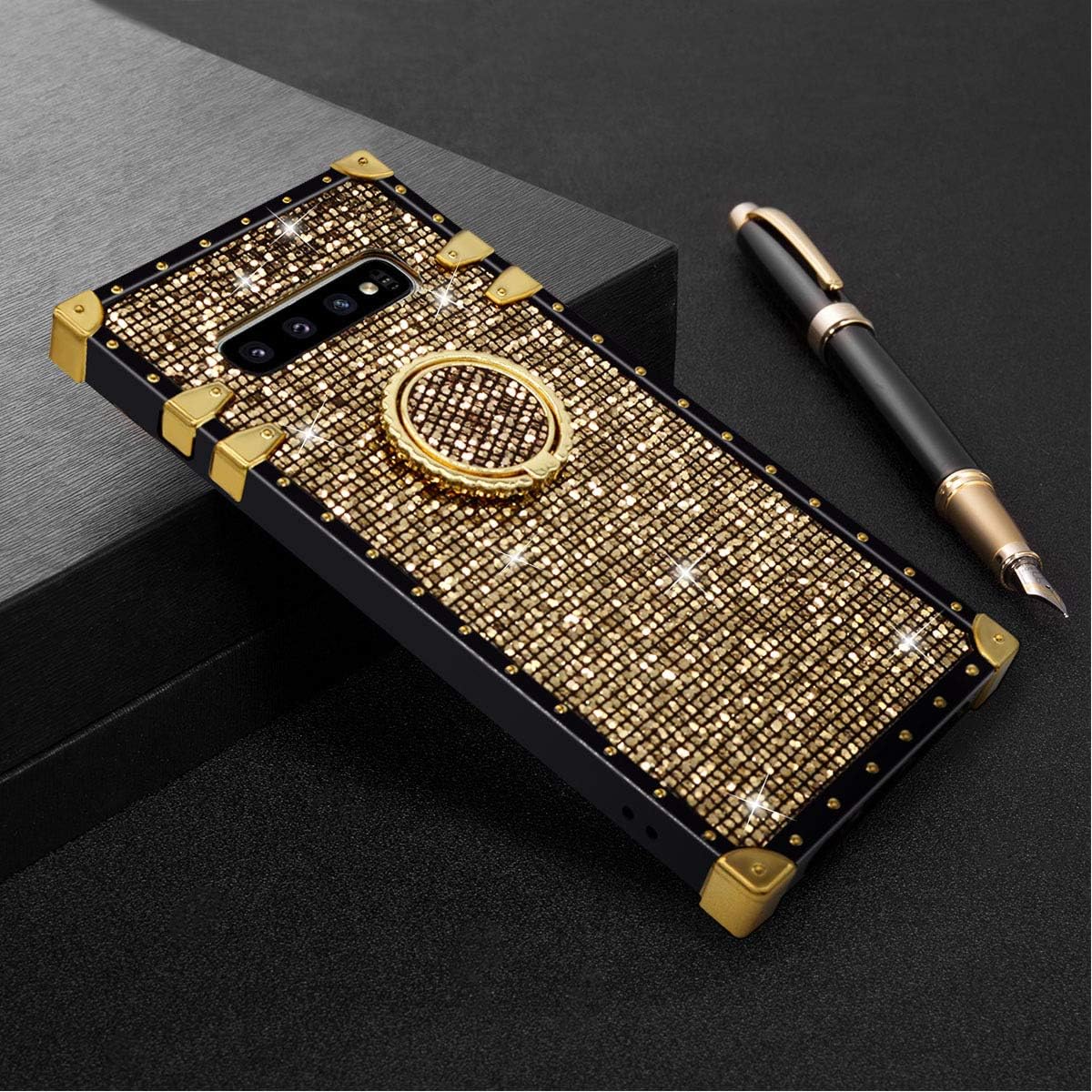 LUVI for Galaxy S10 Square Glitter Case Bling Diamond Sparkle Glitter with Ring Holder Kickstand Case for Samsung Galaxy S10 Case with TPU Bumper Shockproof Case for Galaxy S10 Gold