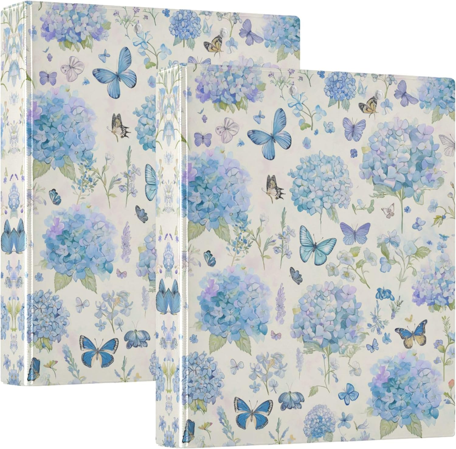 Blue Hydrangeas 3 Ring Binders, 1.5” Round Ring Binders with Clipboard - Letter Size, 3 Interior PVC Clear Pockets & Anti-Slip Clip for Office School Supplies, 2PCS