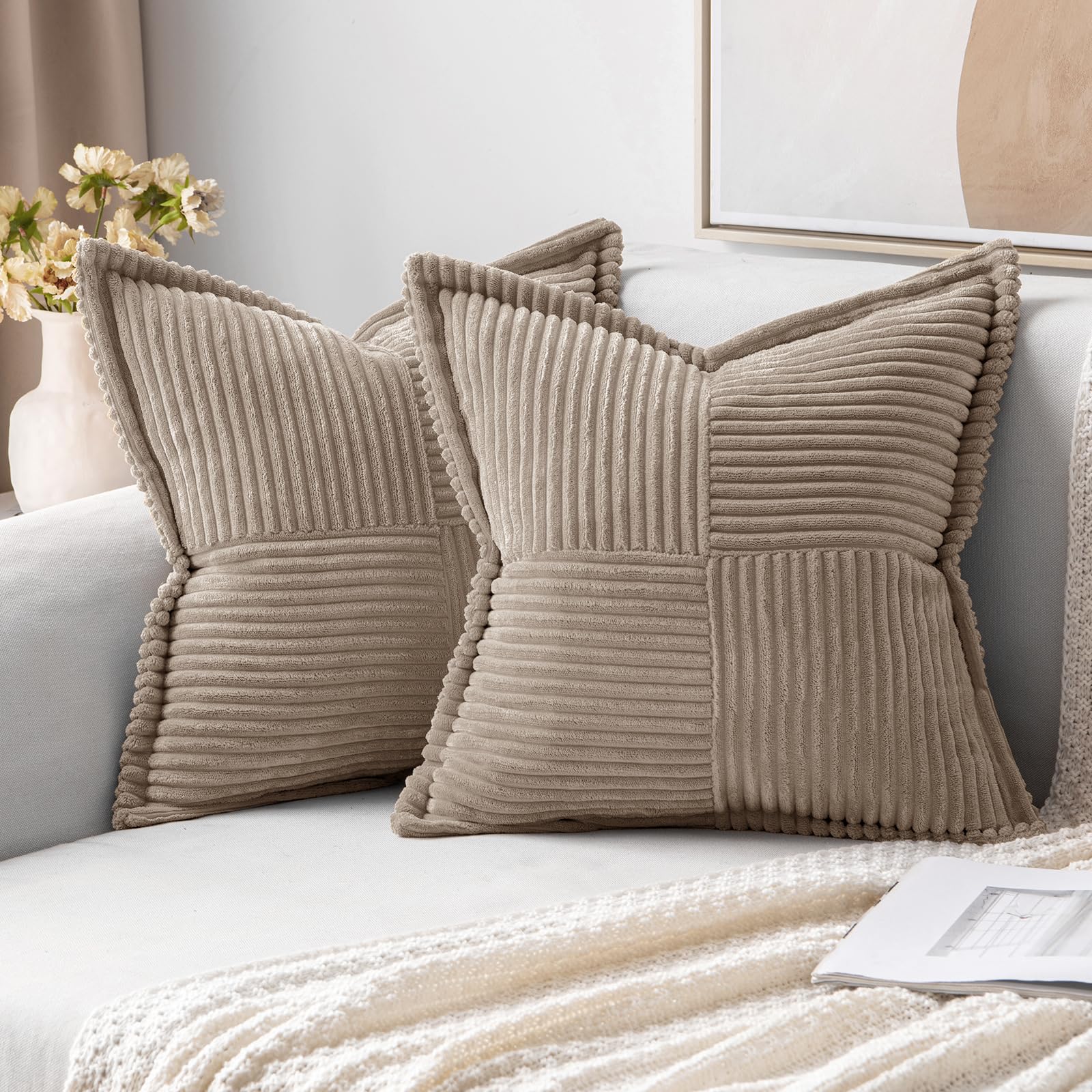 MIULEE Decorative Throw Pillow Covers for Couch Bed Livingroom 20x20 Inch Set of 2 Light Brown Boho Accent Throw Pllows Broadside Striped Patchwork Soft Corduroy Pillowcases