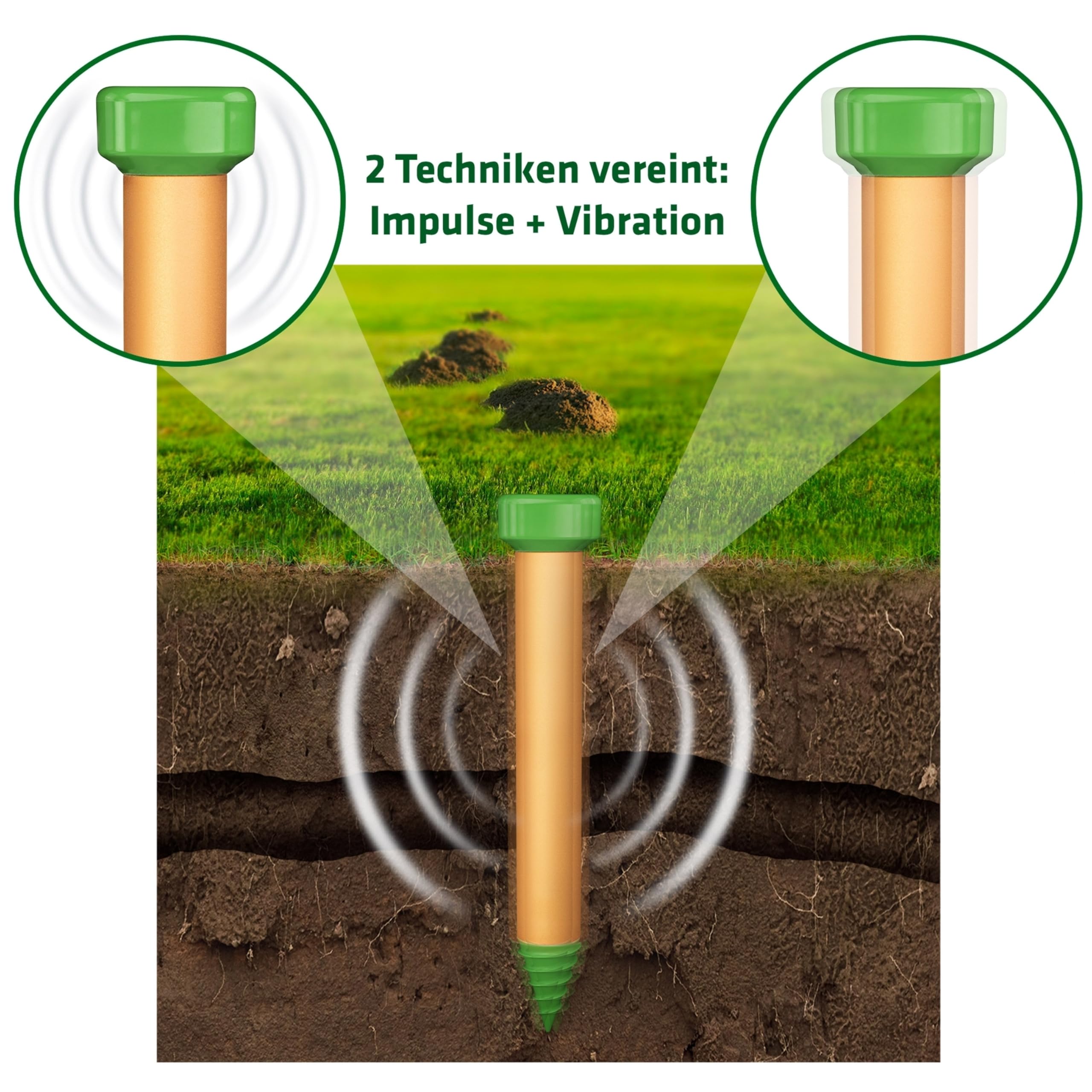 Gardigo® Repellente per Talpe e Formiche Deluxe Set di 4 Dissuasore Talpe | con Aiuto per la Perforatura | Repellente per Formiche e Talpe per il Giardino | Anti Talpa | 400-500 Hz